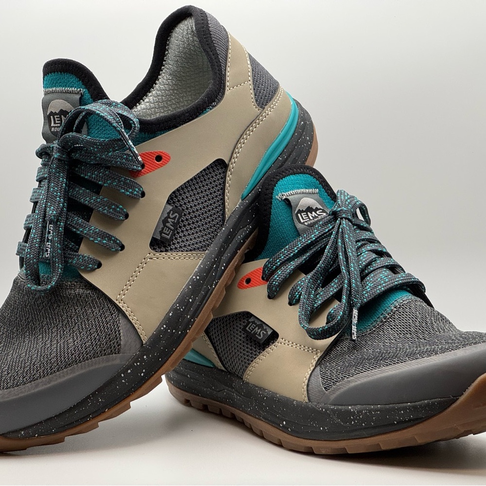 LEMS “Mesa” Barefoot Trail Sneakers in Charcoal, Tan, and Turquoise